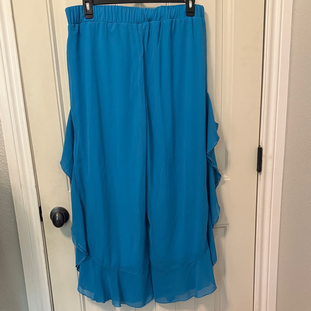 L&B Wide Leg Ruffle Side Panel Pants in Bright Teal Blue - Picture 2 of 2